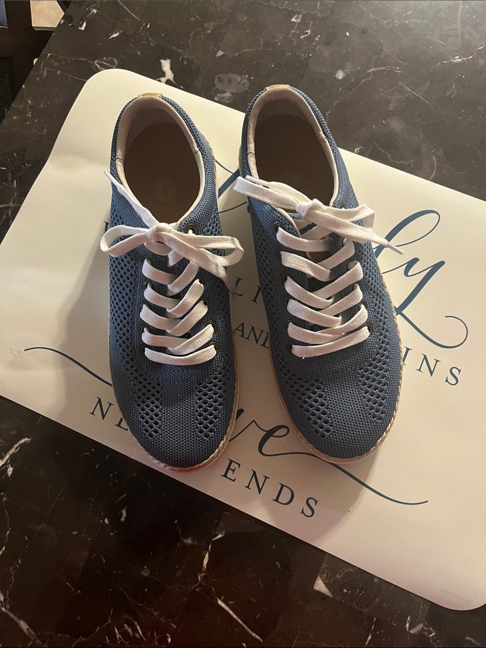REVITALIGN Wedge Blue Knit Espadrille-Style Tie-Ons with Tan Soles